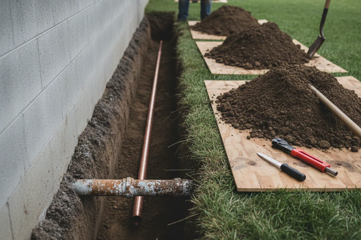 Excavated water line trench during Water Softener Installation in Braman